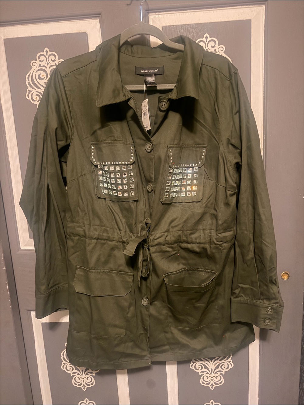 Ashley Stewart Olive Drawstring Utility Jacket with Studded Pockets
